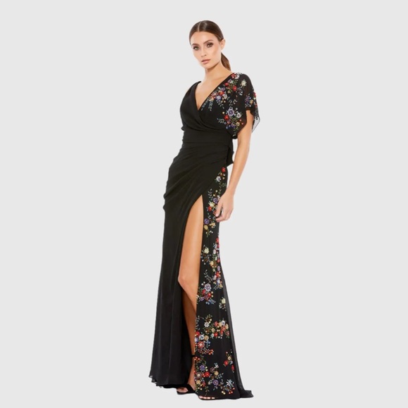 Mac Duggal 26530 Black Faux Wrap Multi Colored Beaded Floral Gown sz 4